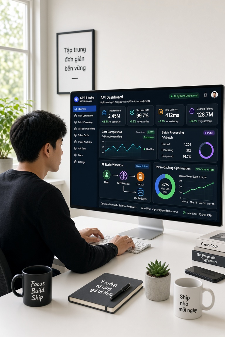 Pro tips sử dụng API tiết kiệm token và RevidAPI endpoints chính cho GPT-6 Astra: chat completions, batch, realtime, AI Studi