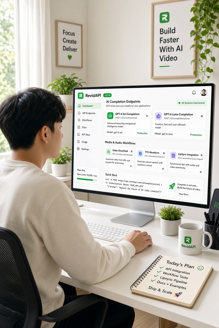 Pro-tips và RevidAPI endpoints thật: tương tác API GPT, download video, TTS, lipsync, AI Studio hỗ trợ sử dụng GPT-6 Sol/Luna