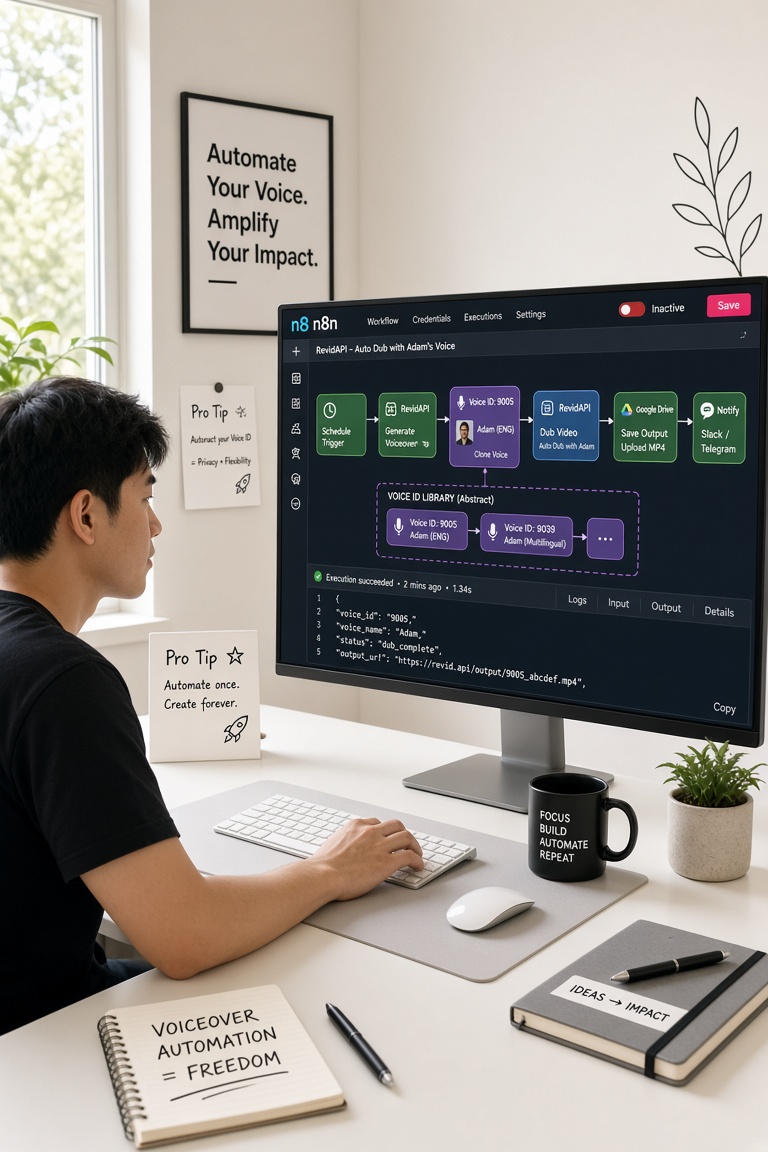 Pro-tips hướng dẫn sử dụng RevidAPI và n8n cho workflow lồng tiếng Adam hiệu quả — tự động lồng tiếng Adam bằng n8n | RevidAP
