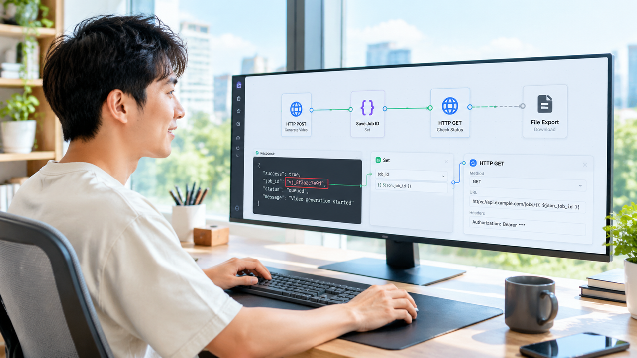 Cấu hình endpoint RevidAPI và lưu định danh job trong n8n — tạo video tự động bằng n8n | RevidAPI